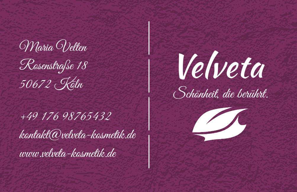 Velveta Visitenkarte Rückseite Design
